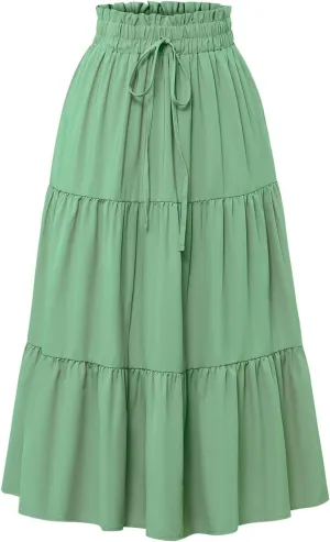 Women's Long Summer Maxi Skirt 2025 Solid Color Floral Elastic Waist A-Line Skirts with Drawstring Loose Skirt