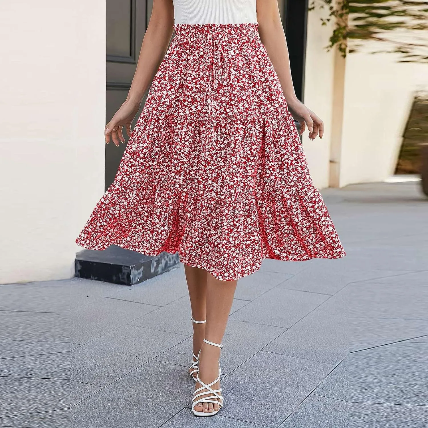 Women's Long Summer Maxi Skirt 2025 Solid Color Floral Elastic Waist A-Line Skirts with Drawstring Loose Skirt