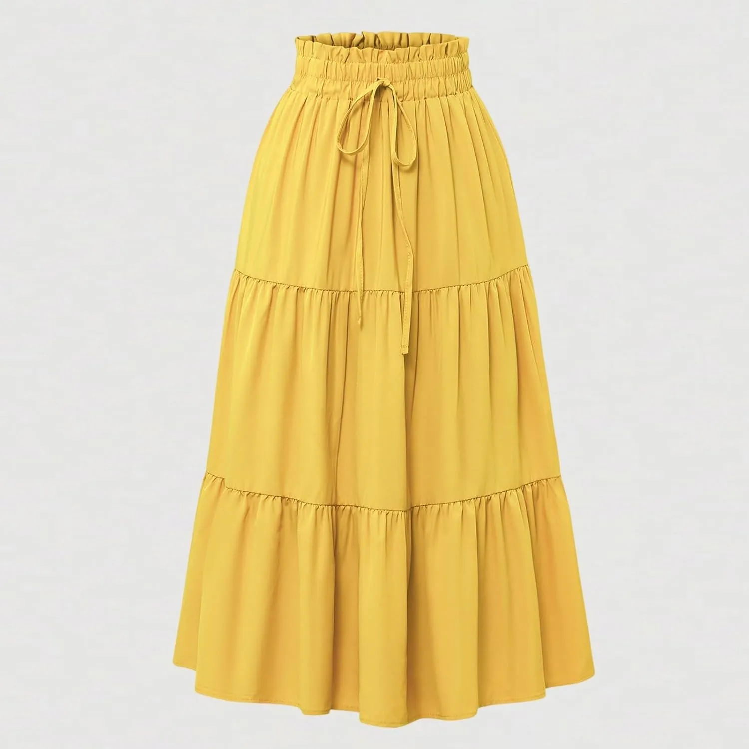 Women's Long Summer Maxi Skirt 2025 Solid Color Floral Elastic Waist A-Line Skirts with Drawstring Loose Skirt