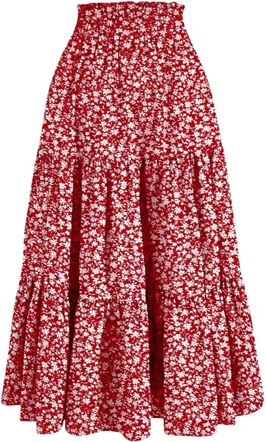 Women's Long Summer Maxi Skirt 2025 Solid Color Floral Elastic Waist A-Line Skirts with Drawstring Loose Skirt
