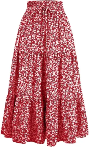Women's Long Summer Maxi Skirt 2025 Solid Color Floral Elastic Waist A-Line Skirts with Drawstring Loose Skirt