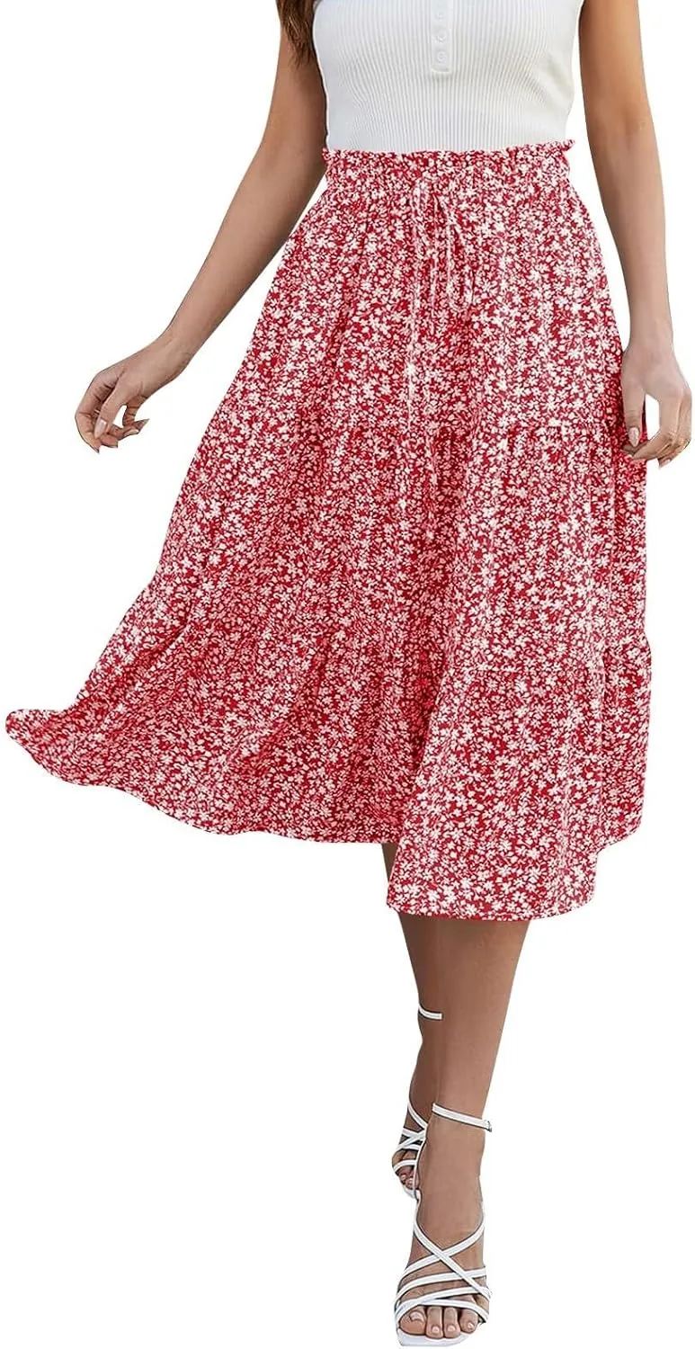 Women's Long Summer Maxi Skirt 2025 Solid Color Floral Elastic Waist A-Line Skirts with Drawstring Loose Skirt