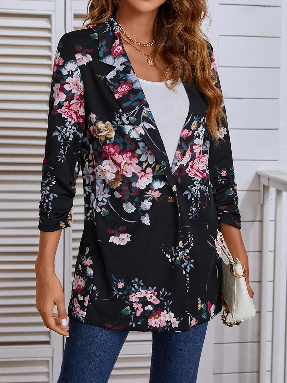 Women's Longline Blazer Button Open Front Lapel Collar 3/4 Sleeve Business Casual Office Work Lightweight Jacket