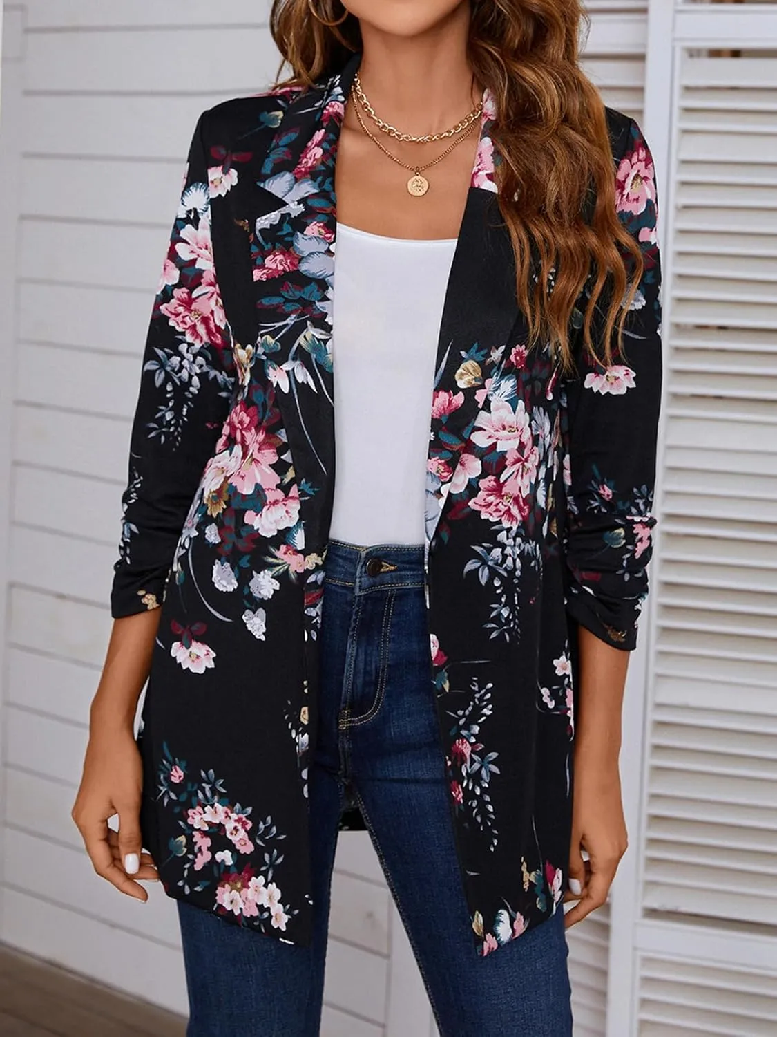 Women's Longline Blazer Button Open Front Lapel Collar 3/4 Sleeve Business Casual Office Work Lightweight Jacket