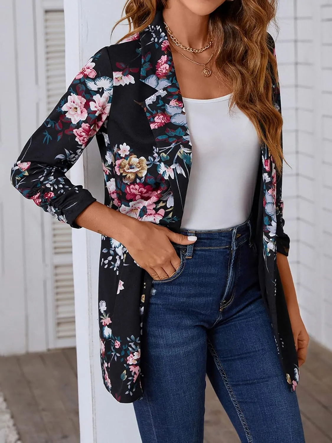 Women's Longline Blazer Button Open Front Lapel Collar 3/4 Sleeve Business Casual Office Work Lightweight Jacket