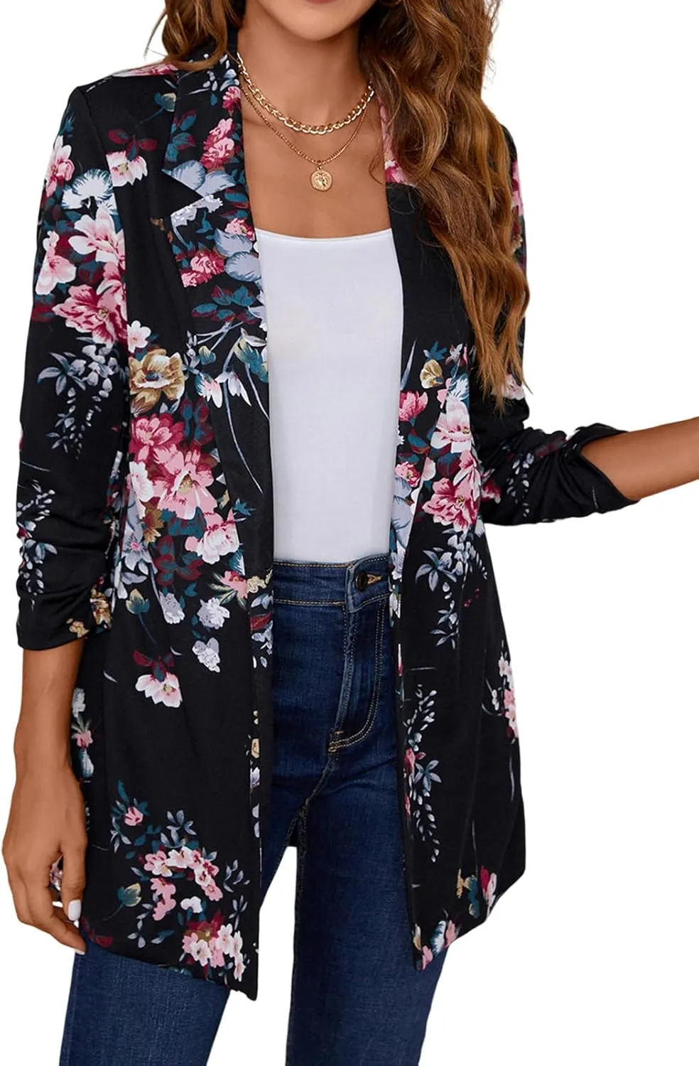 Women's Longline Blazer Button Open Front Lapel Collar 3/4 Sleeve Business Casual Office Work Lightweight Jacket