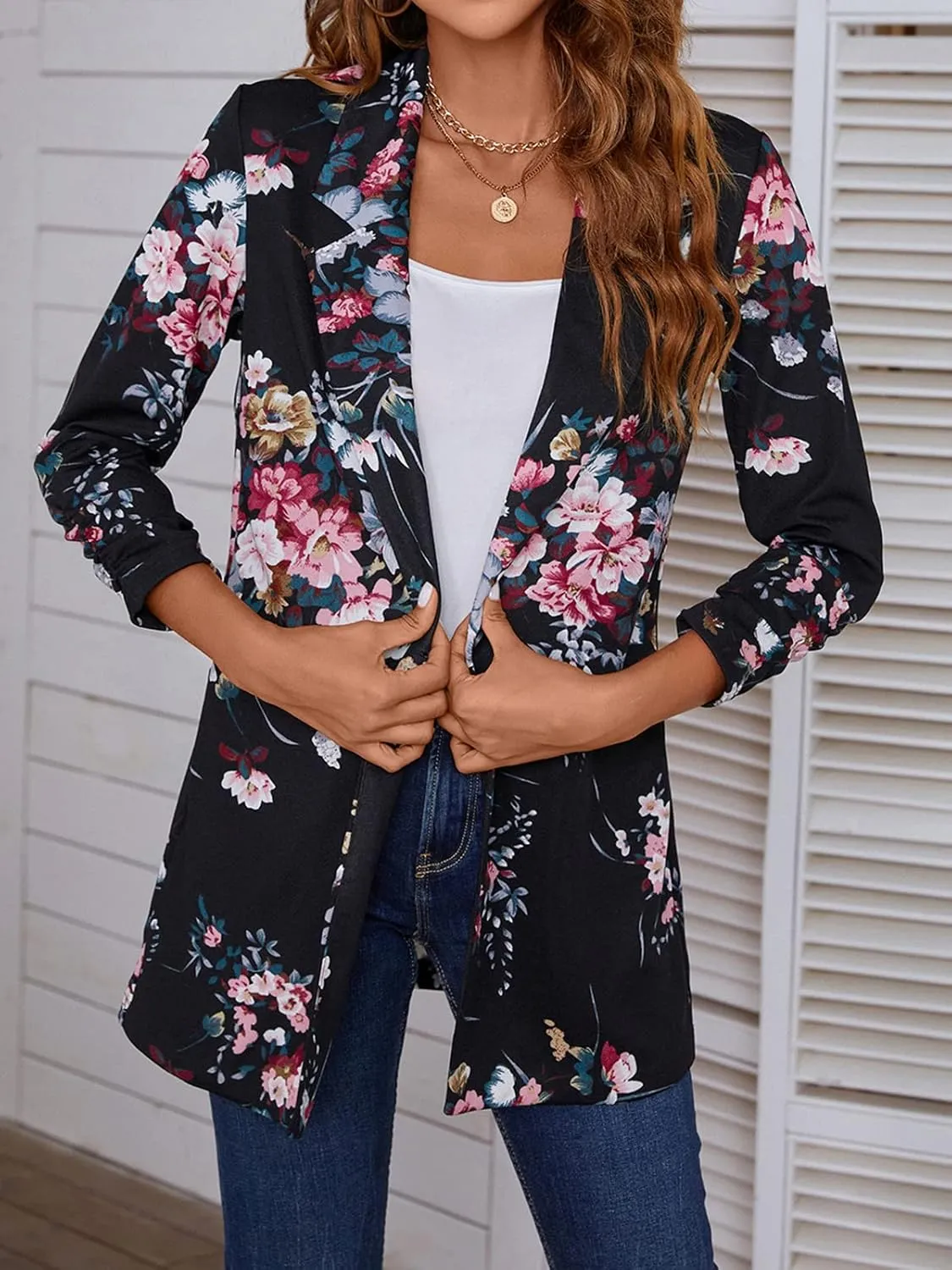 Women's Longline Blazer Button Open Front Lapel Collar 3/4 Sleeve Business Casual Office Work Lightweight Jacket