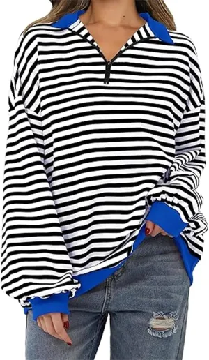 Womens Loose Hoodie Long Sleeve Quarter Zip Up Lapel Striped Color Block Pullover Sweatshirt Fall Fashion Workout Tops