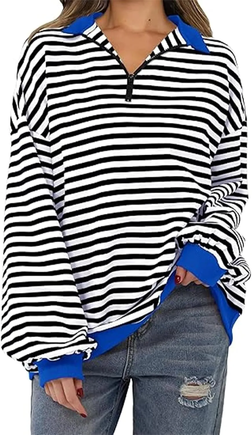 Womens Loose Hoodie Long Sleeve Quarter Zip Up Lapel Striped Color Block Pullover Sweatshirt Fall Fashion Workout Tops