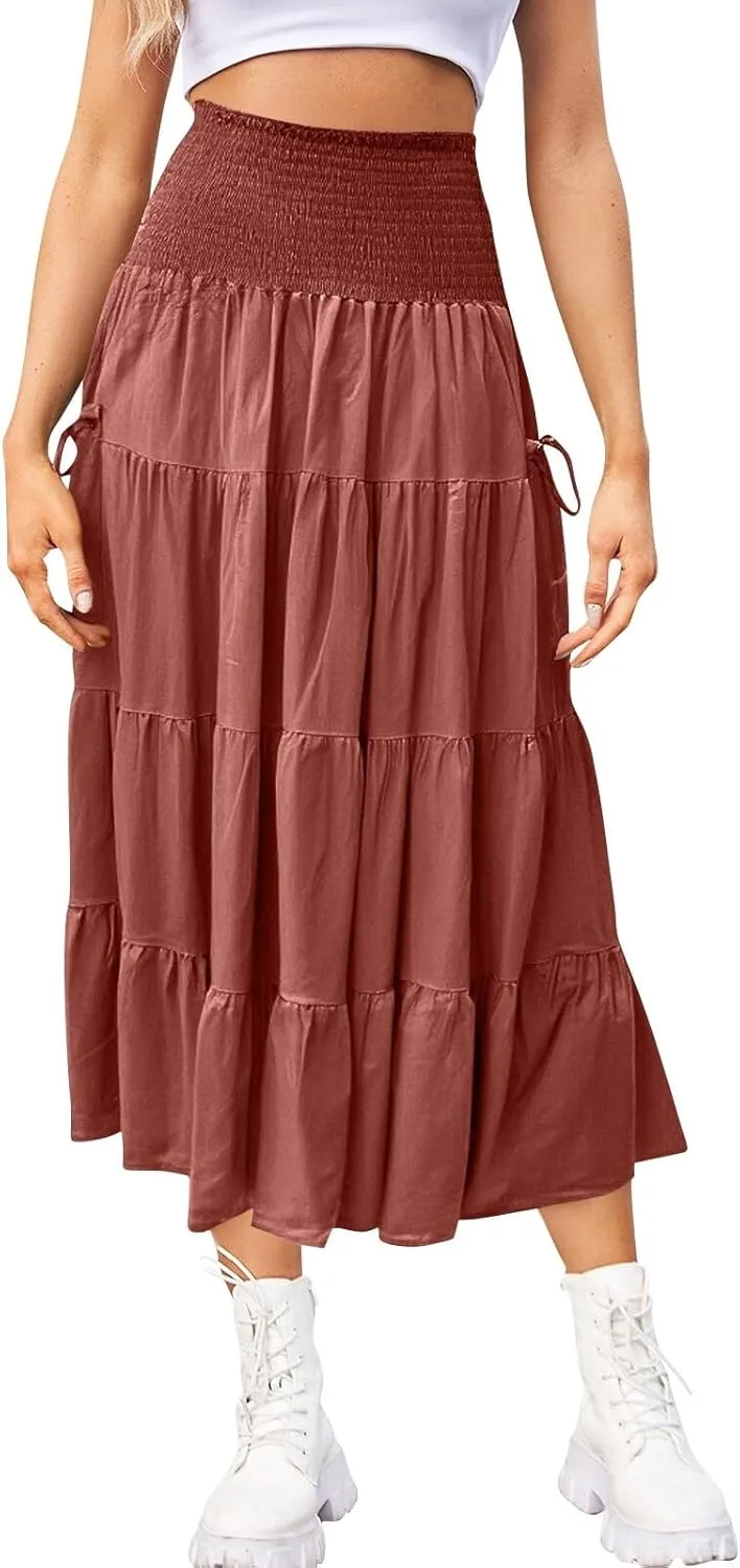 Women's Maxi Boho Skirt Long Hippie Bohemian Elastic Waist Gypsy Skirt Summer Flowy Pleated Tiered A Line Skirts