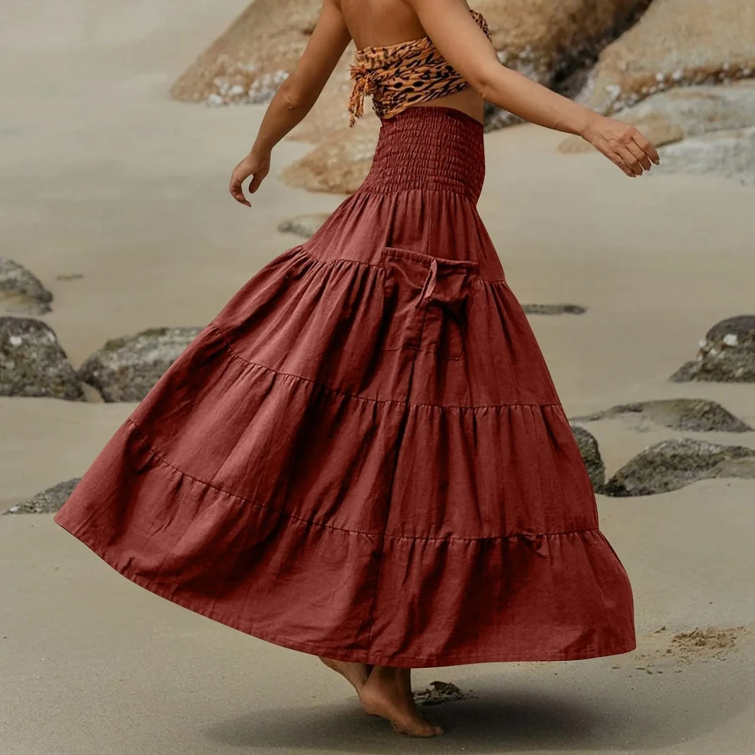 Women's Maxi Boho Skirt Long Hippie Bohemian Elastic Waist Gypsy Skirt Summer Flowy Pleated Tiered A Line Skirts