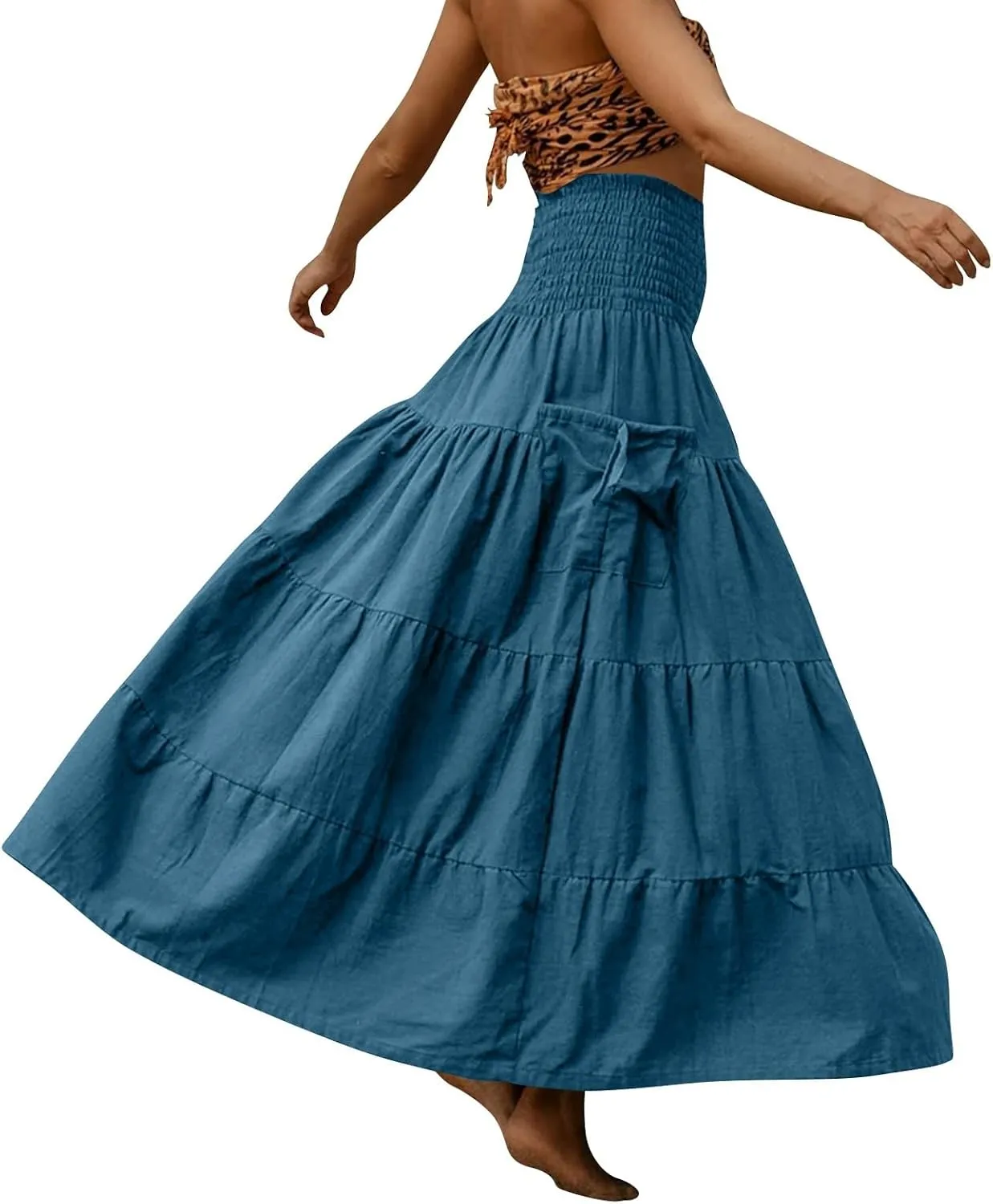 Women's Maxi Boho Skirt Long Hippie Bohemian Elastic Waist Gypsy Skirt Summer Flowy Pleated Tiered A Line Skirts