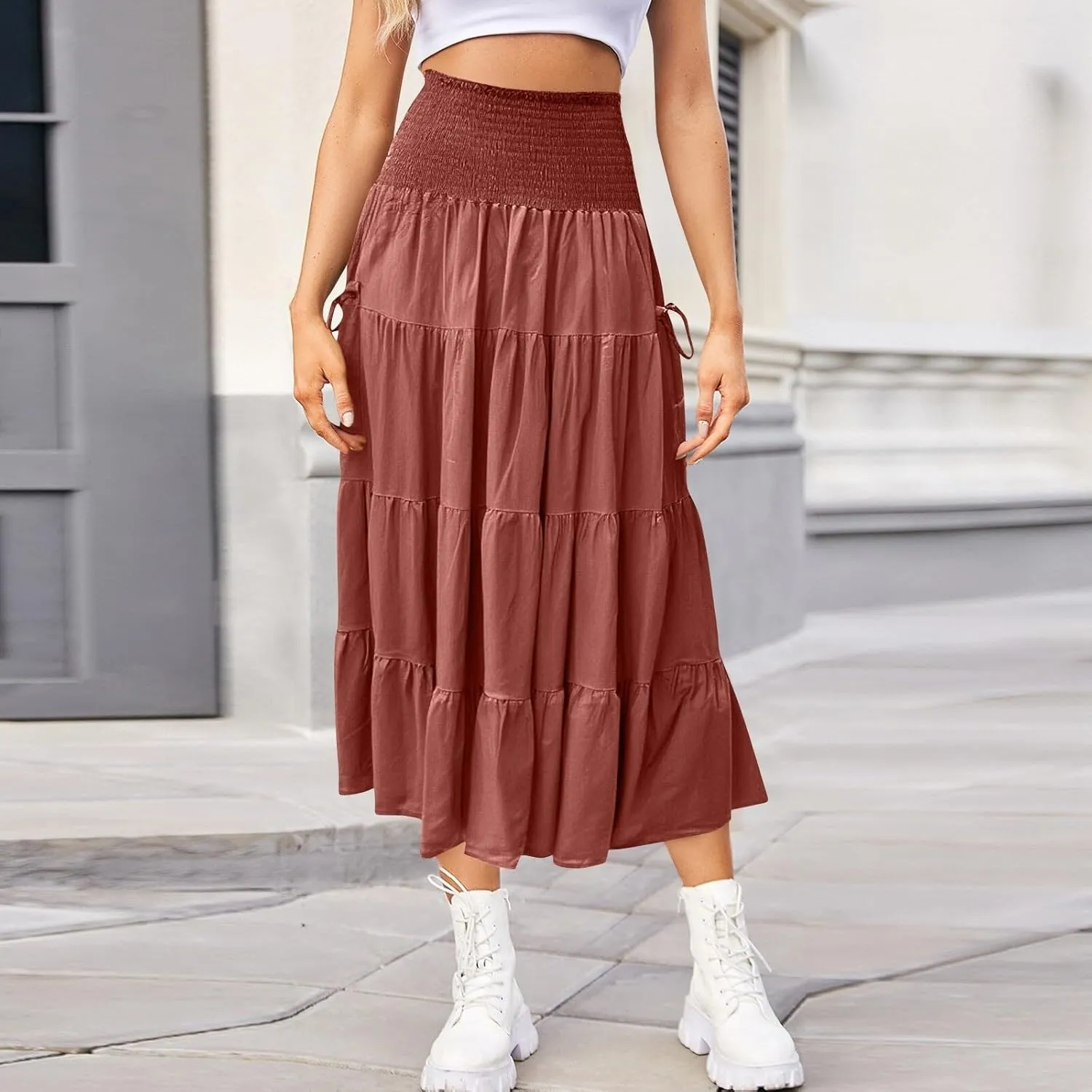 Women's Maxi Boho Skirt Long Hippie Bohemian Elastic Waist Gypsy Skirt Summer Flowy Pleated Tiered A Line Skirts
