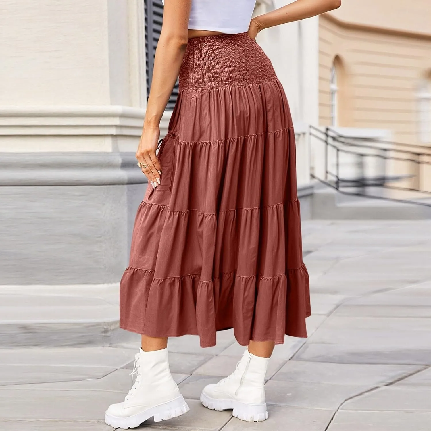 Women's Maxi Boho Skirt Long Hippie Bohemian Elastic Waist Gypsy Skirt Summer Flowy Pleated Tiered A Line Skirts