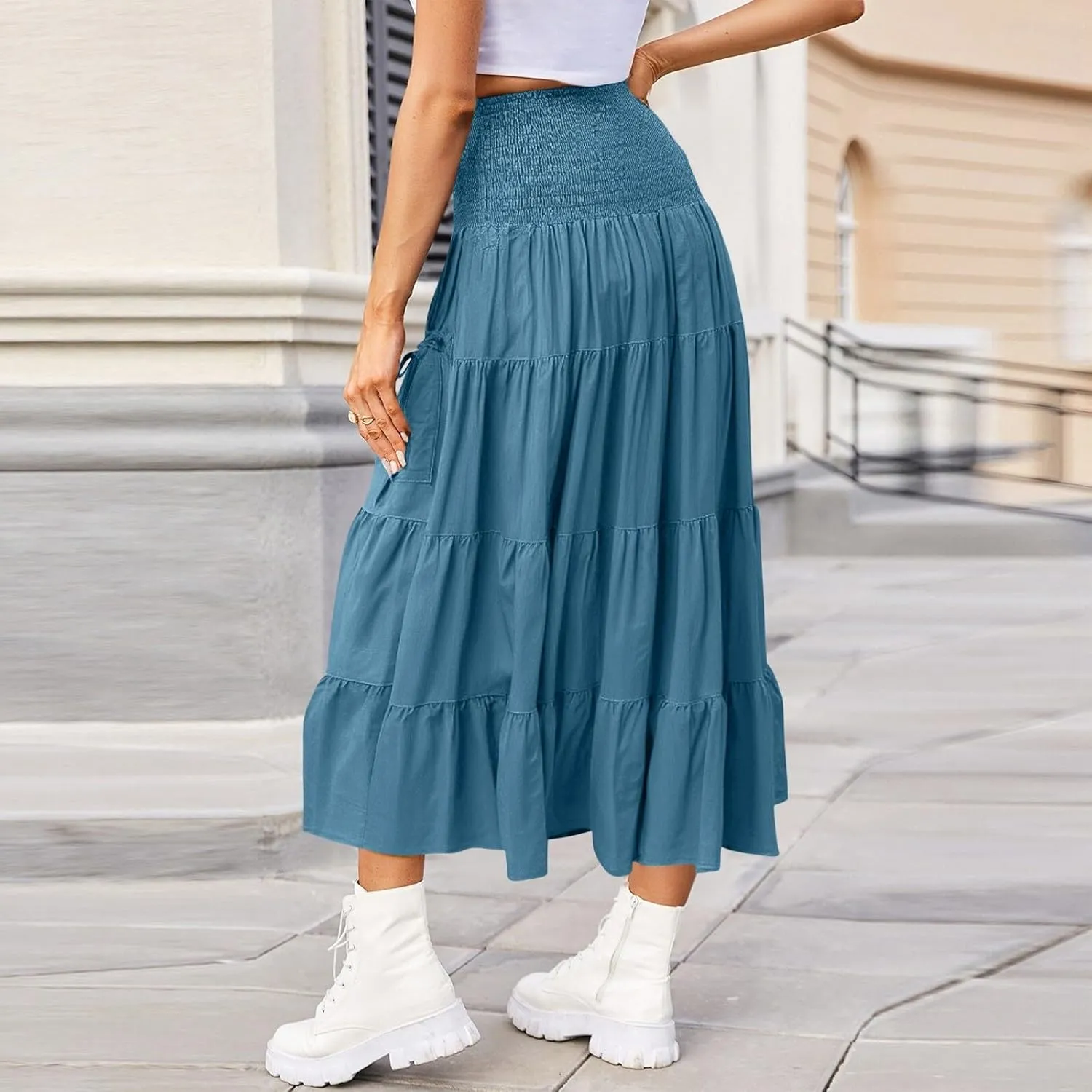 Women's Maxi Boho Skirt Long Hippie Bohemian Elastic Waist Gypsy Skirt Summer Flowy Pleated Tiered A Line Skirts