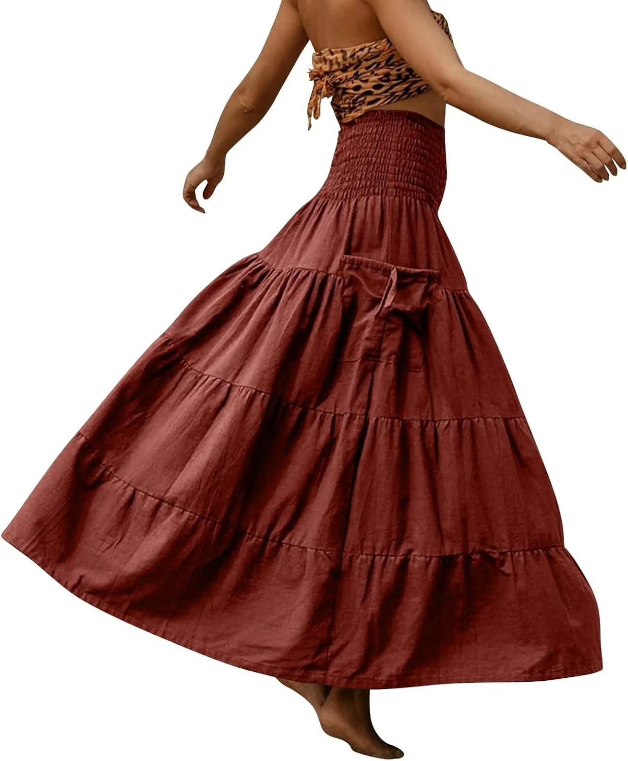 Women's Maxi Boho Skirt Long Hippie Bohemian Elastic Waist Gypsy Skirt Summer Flowy Pleated Tiered A Line Skirts