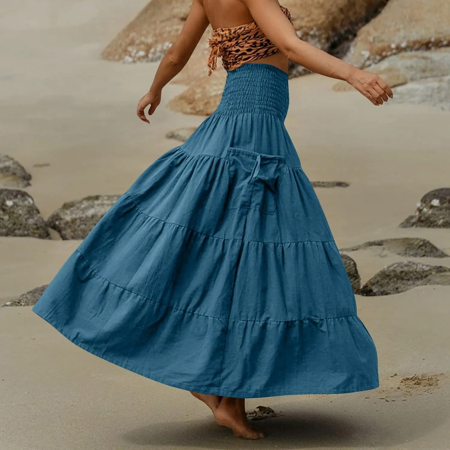 Women's Maxi Boho Skirt Long Hippie Bohemian Elastic Waist Gypsy Skirt Summer Flowy Pleated Tiered A Line Skirts