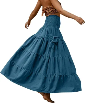 Women's Maxi Boho Skirt Long Hippie Bohemian Elastic Waist Gypsy Skirt Summer Flowy Pleated Tiered A Line Skirts