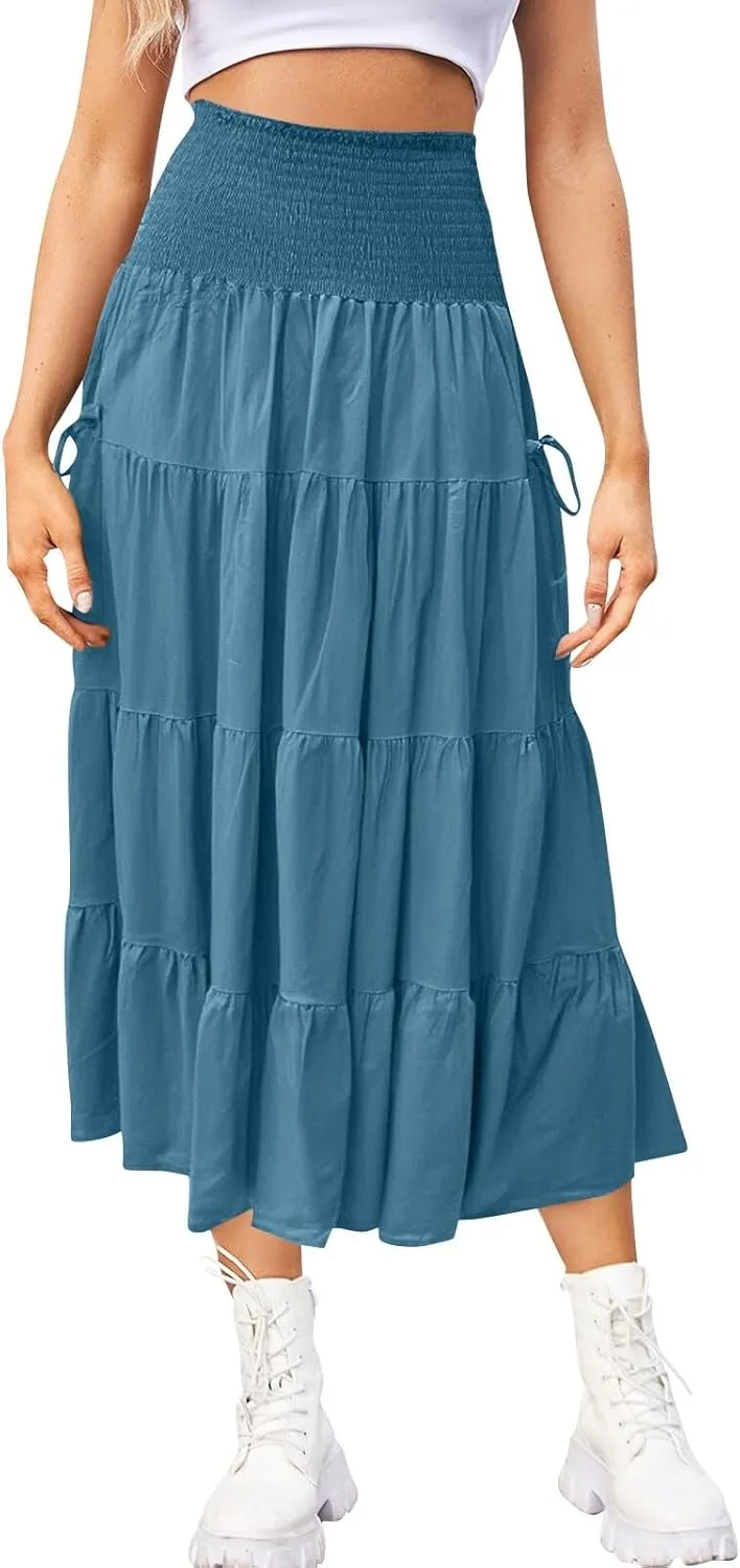 Women's Maxi Boho Skirt Long Hippie Bohemian Elastic Waist Gypsy Skirt Summer Flowy Pleated Tiered A Line Skirts