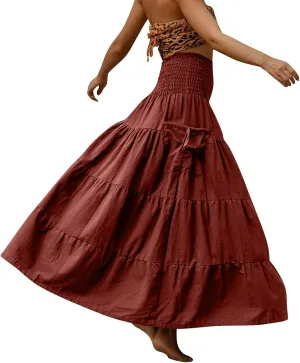Women's Maxi Boho Skirt Long Hippie Bohemian Elastic Waist Gypsy Skirt Summer Flowy Pleated Tiered A Line Skirts