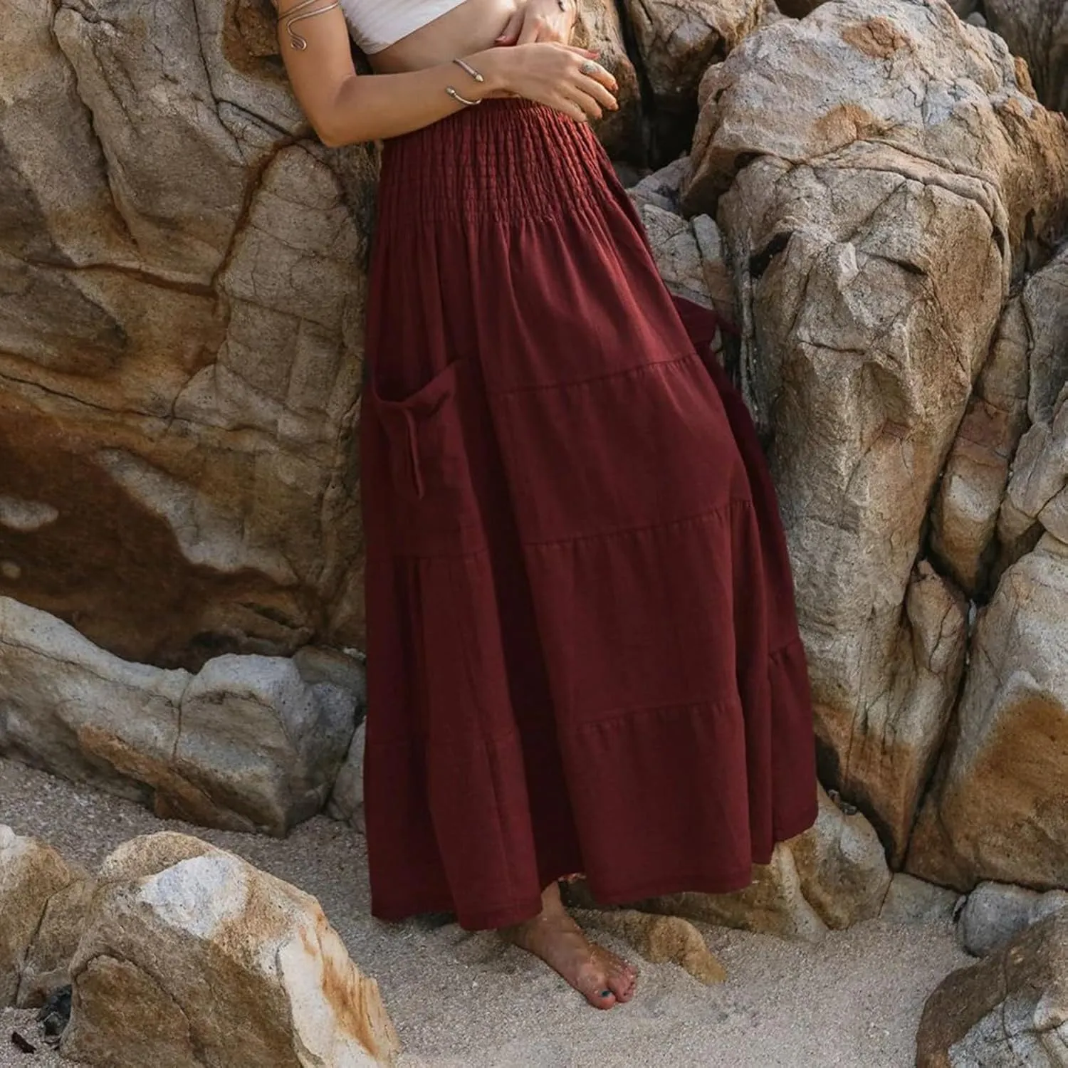 Women's Maxi Boho Skirt Long Hippie Bohemian Elastic Waist Gypsy Skirt Summer Flowy Pleated Tiered A Line Skirts