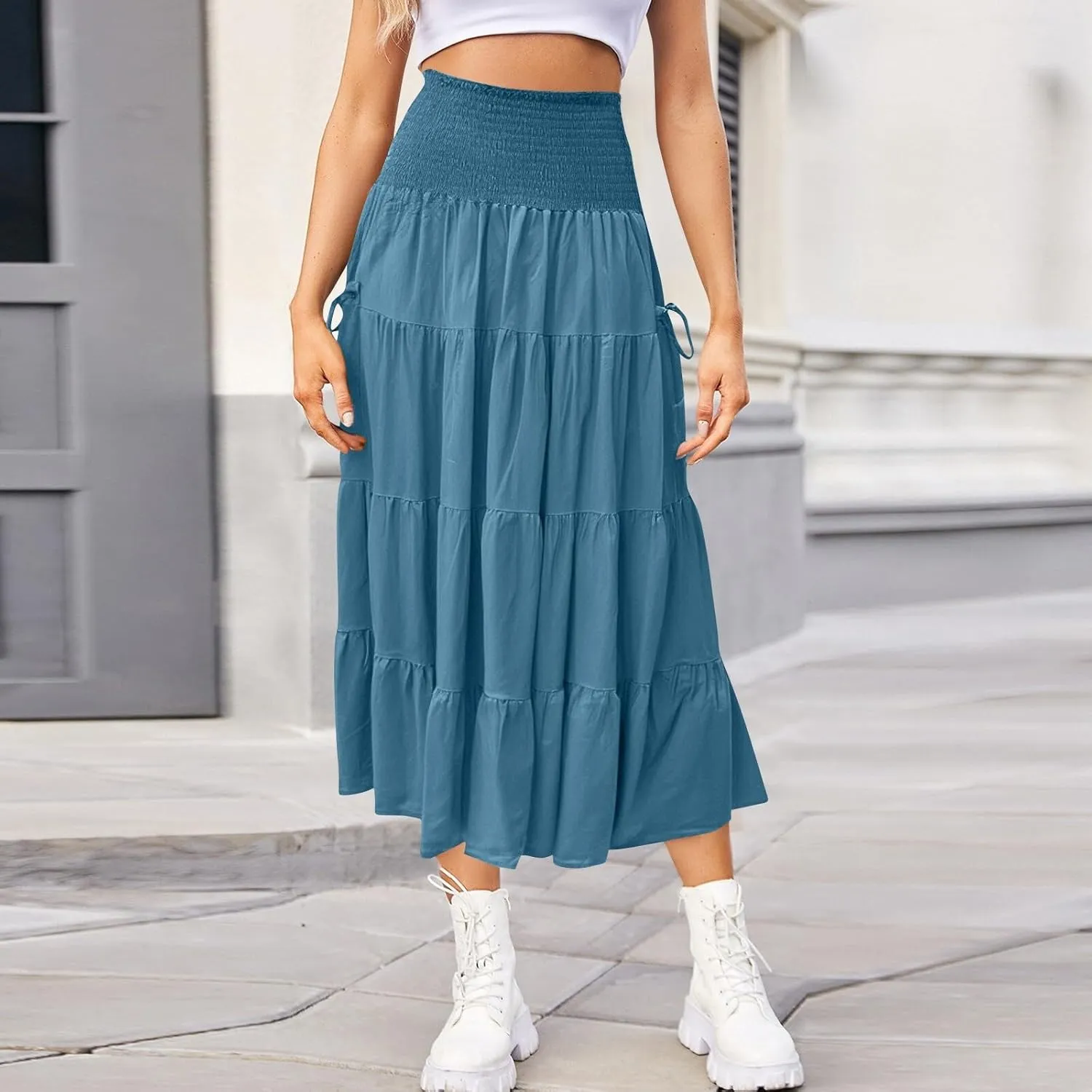 Women's Maxi Boho Skirt Long Hippie Bohemian Elastic Waist Gypsy Skirt Summer Flowy Pleated Tiered A Line Skirts