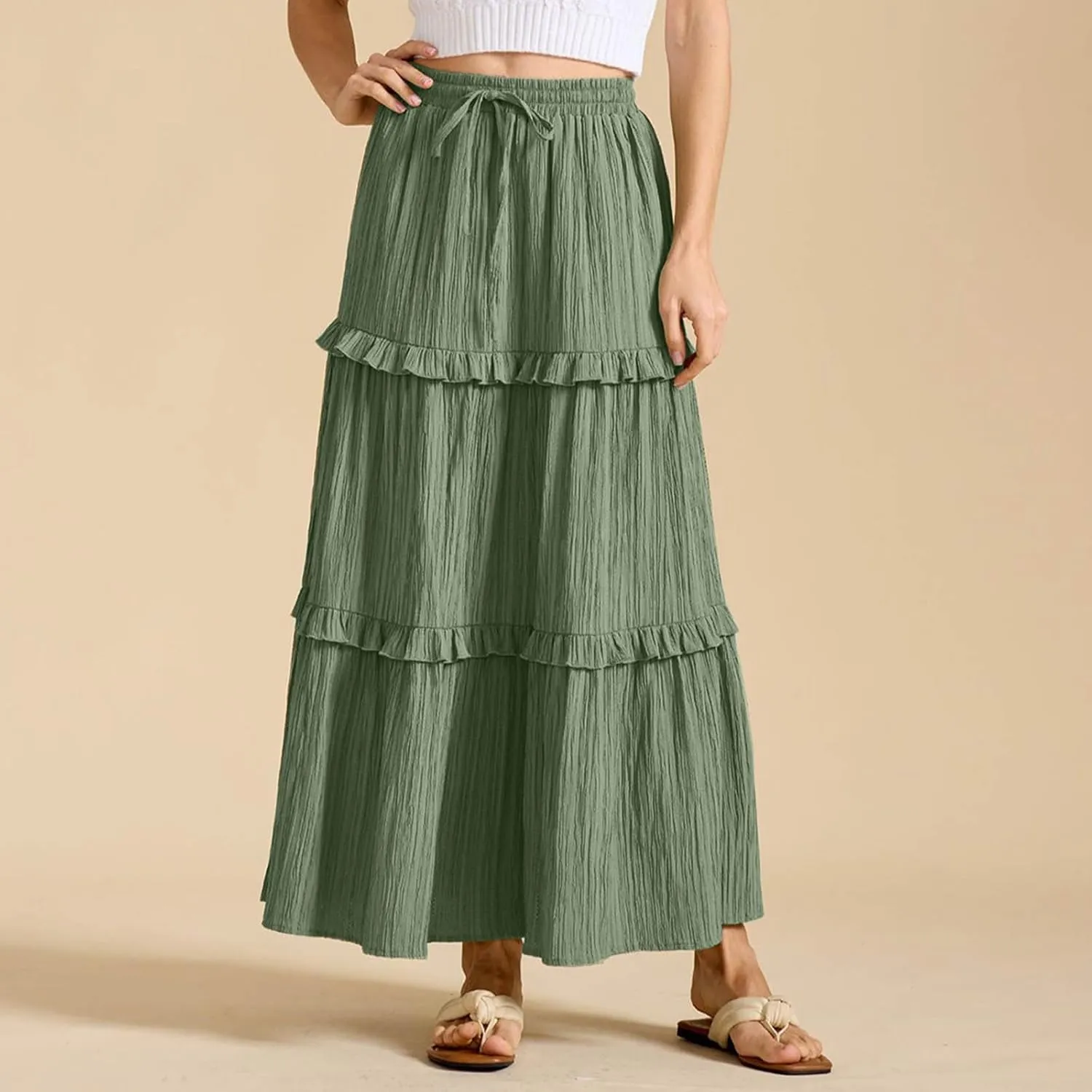 Women's Maxi Skirt Drawstring Elastic High Waist A Line Skirts Summer Casual Long Skirt Y2K Beach Vacation Outfits