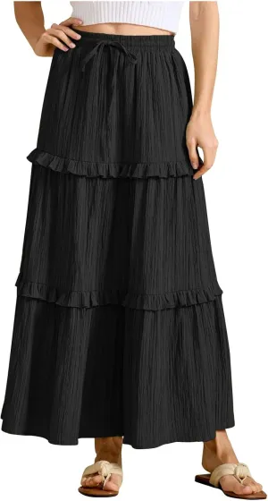 Women's Maxi Skirt Drawstring Elastic High Waist A Line Skirts Summer Casual Long Skirt Y2K Beach Vacation Outfits