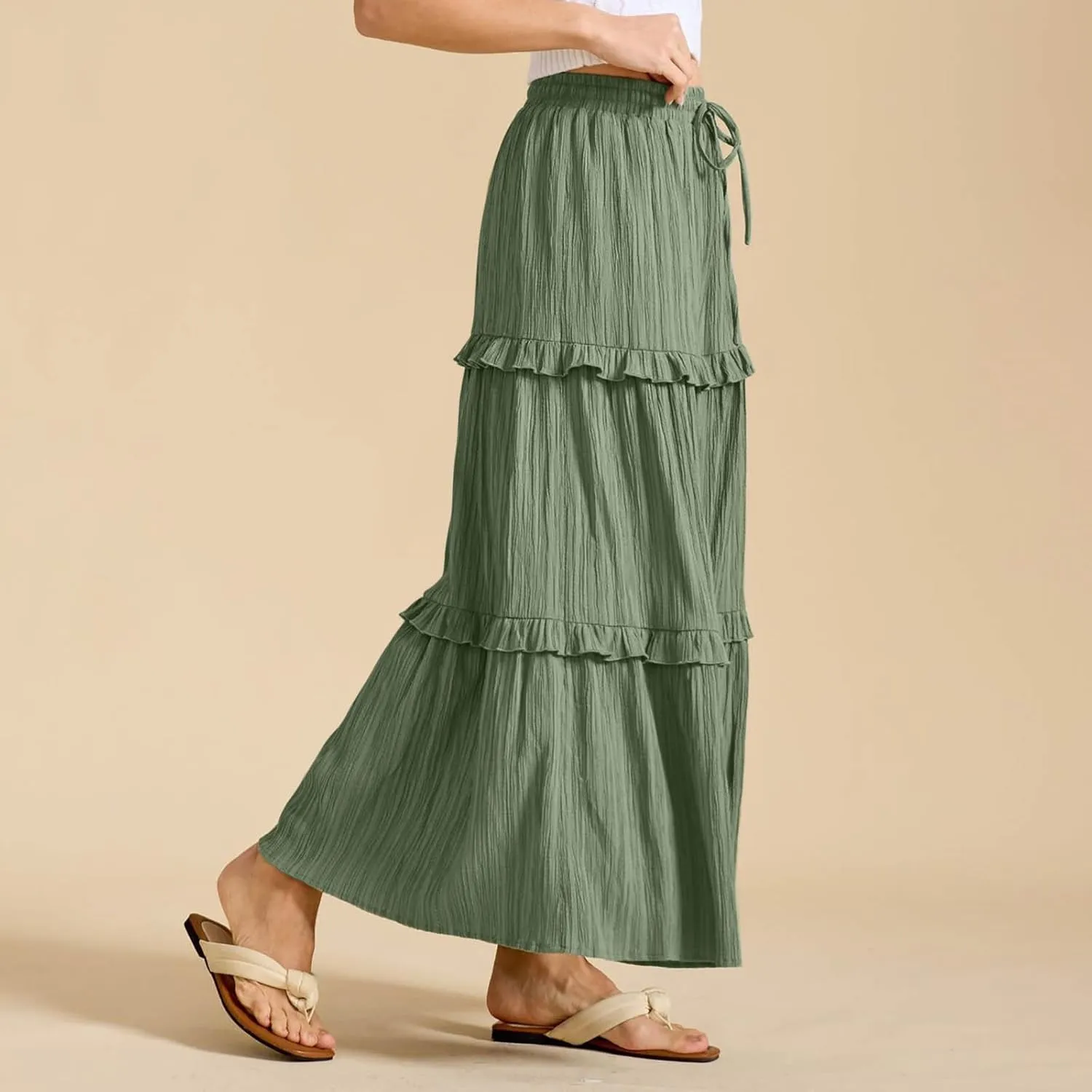 Women's Maxi Skirt Drawstring Elastic High Waist A Line Skirts Summer Casual Long Skirt Y2K Beach Vacation Outfits