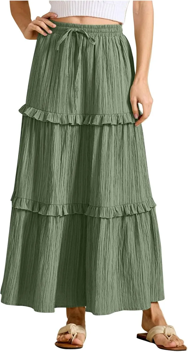 Women's Maxi Skirt Drawstring Elastic High Waist A Line Skirts Summer Casual Long Skirt Y2K Beach Vacation Outfits