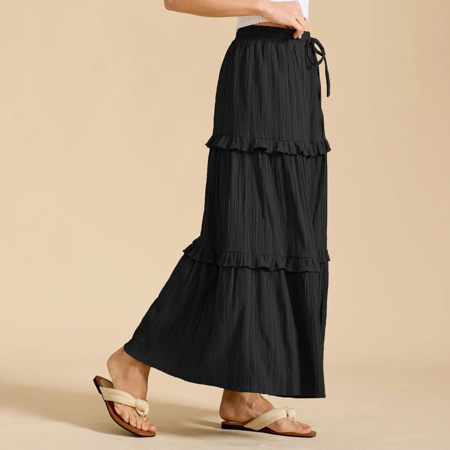 Women's Maxi Skirt Drawstring Elastic High Waist A Line Skirts Summer Casual Long Skirt Y2K Beach Vacation Outfits