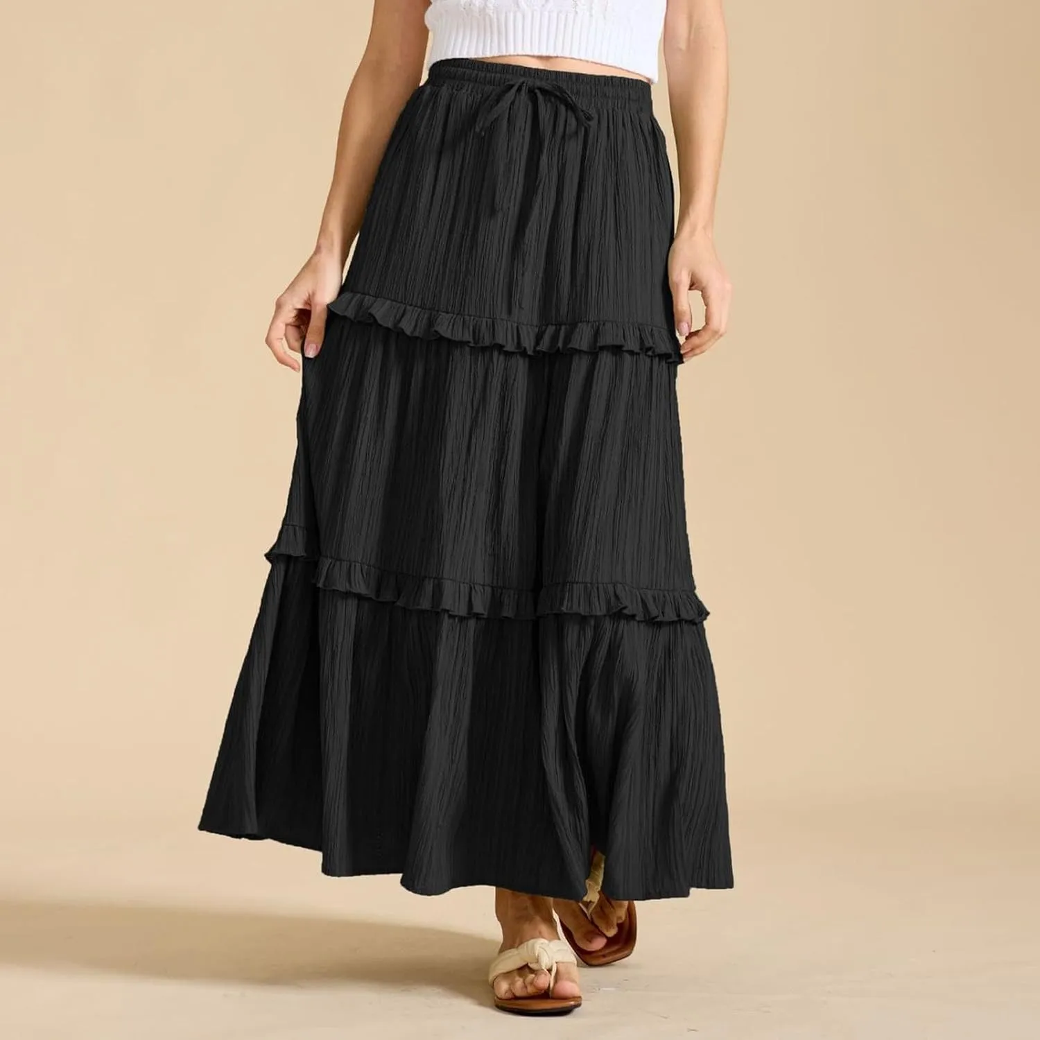 Women's Maxi Skirt Drawstring Elastic High Waist A Line Skirts Summer Casual Long Skirt Y2K Beach Vacation Outfits