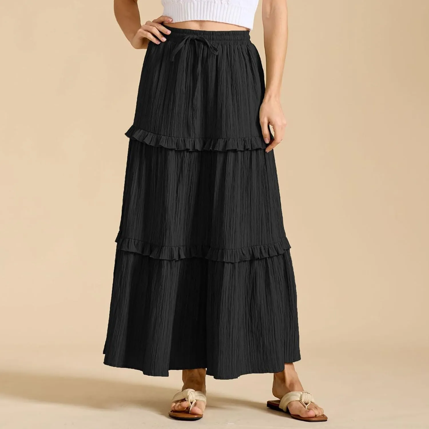 Women's Maxi Skirt Drawstring Elastic High Waist A Line Skirts Summer Casual Long Skirt Y2K Beach Vacation Outfits