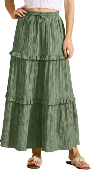 Women's Maxi Skirt Drawstring Elastic High Waist A Line Skirts Summer Casual Long Skirt Y2K Beach Vacation Outfits
