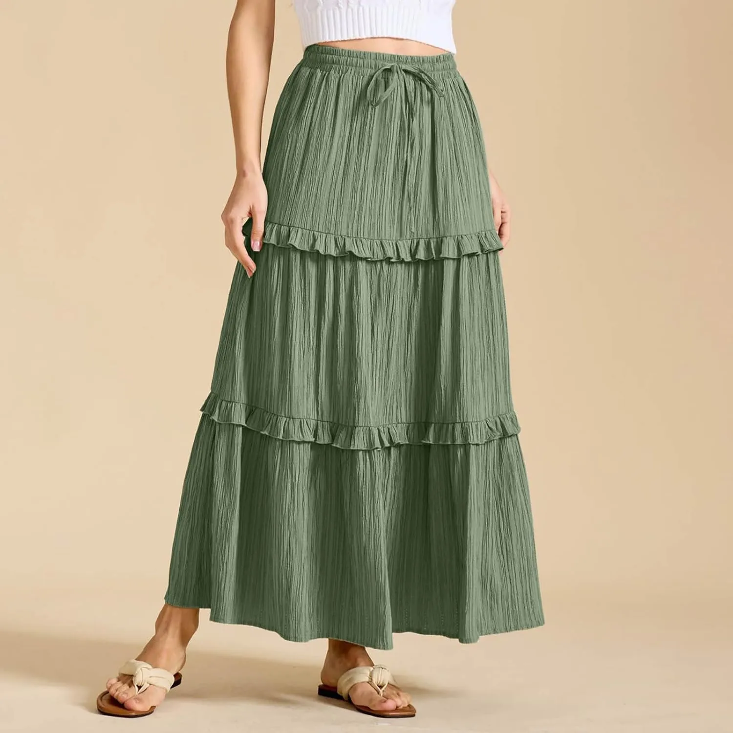 Women's Maxi Skirt Drawstring Elastic High Waist A Line Skirts Summer Casual Long Skirt Y2K Beach Vacation Outfits