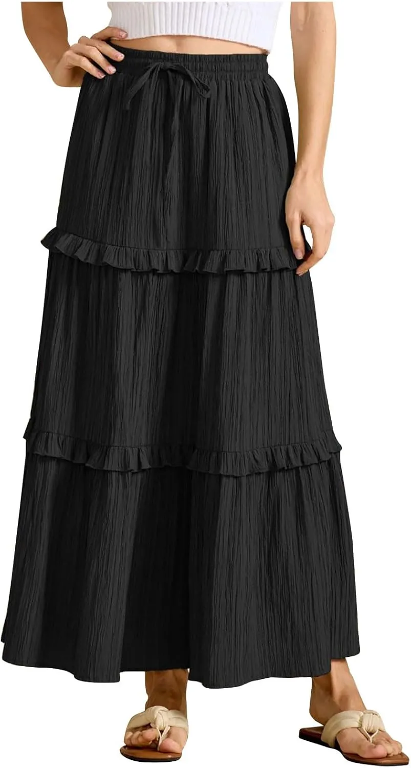 Women's Maxi Skirt Drawstring Elastic High Waist A Line Skirts Summer Casual Long Skirt Y2K Beach Vacation Outfits