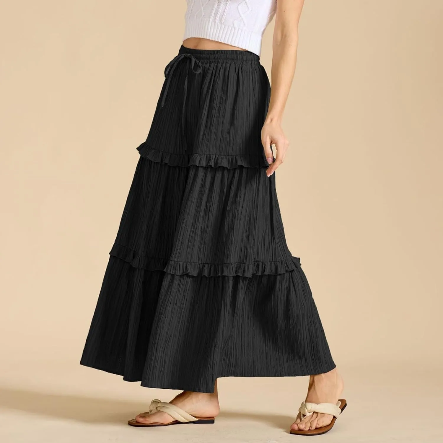 Women's Maxi Skirt Drawstring Elastic High Waist A Line Skirts Summer Casual Long Skirt Y2K Beach Vacation Outfits