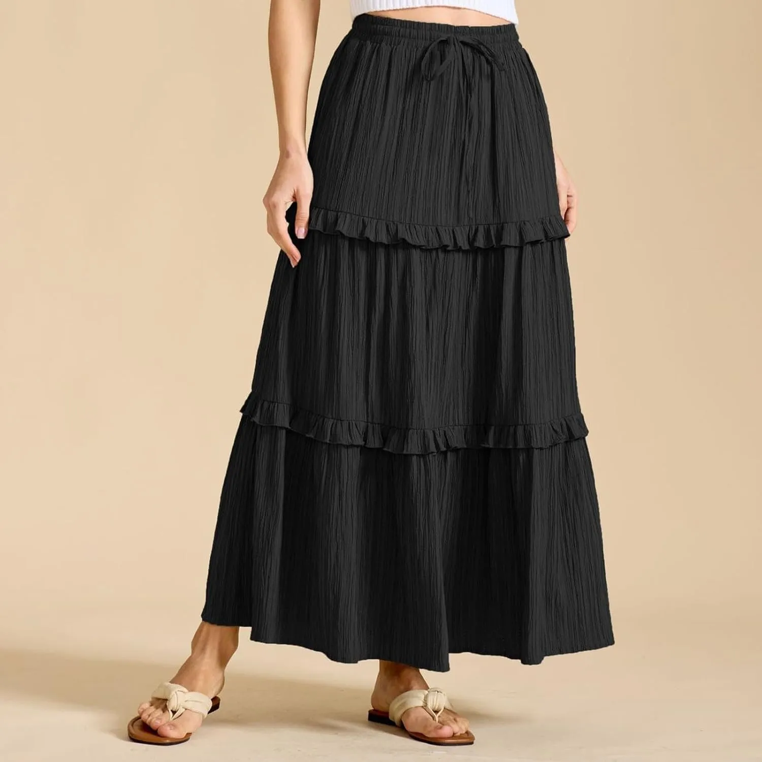 Women's Maxi Skirt Drawstring Elastic High Waist A Line Skirts Summer Casual Long Skirt Y2K Beach Vacation Outfits