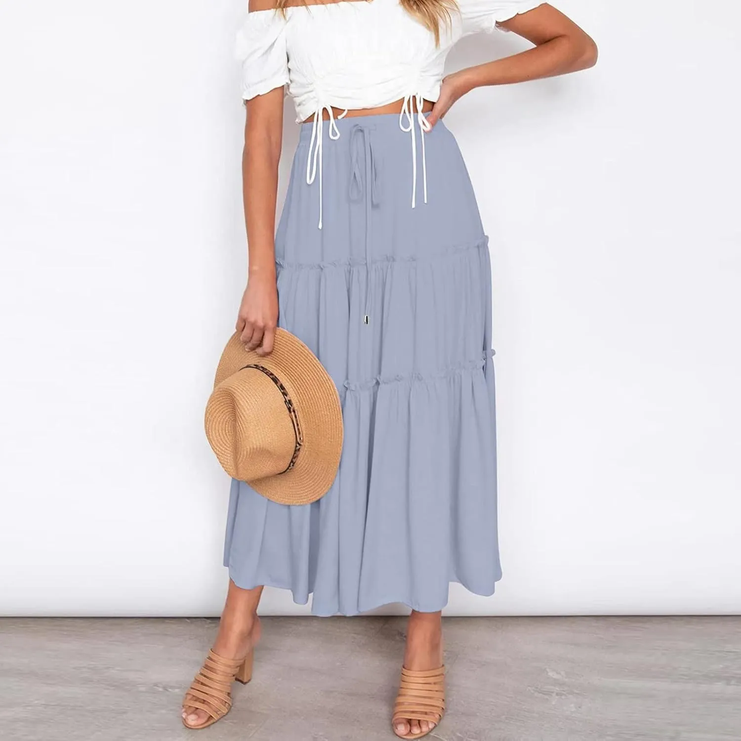 Womens Maxi Skirt Trendy Casual Flowy A Line Drawstring Elastic Waist Tiered Ruffle Pleated Swing Boho Long Skirt