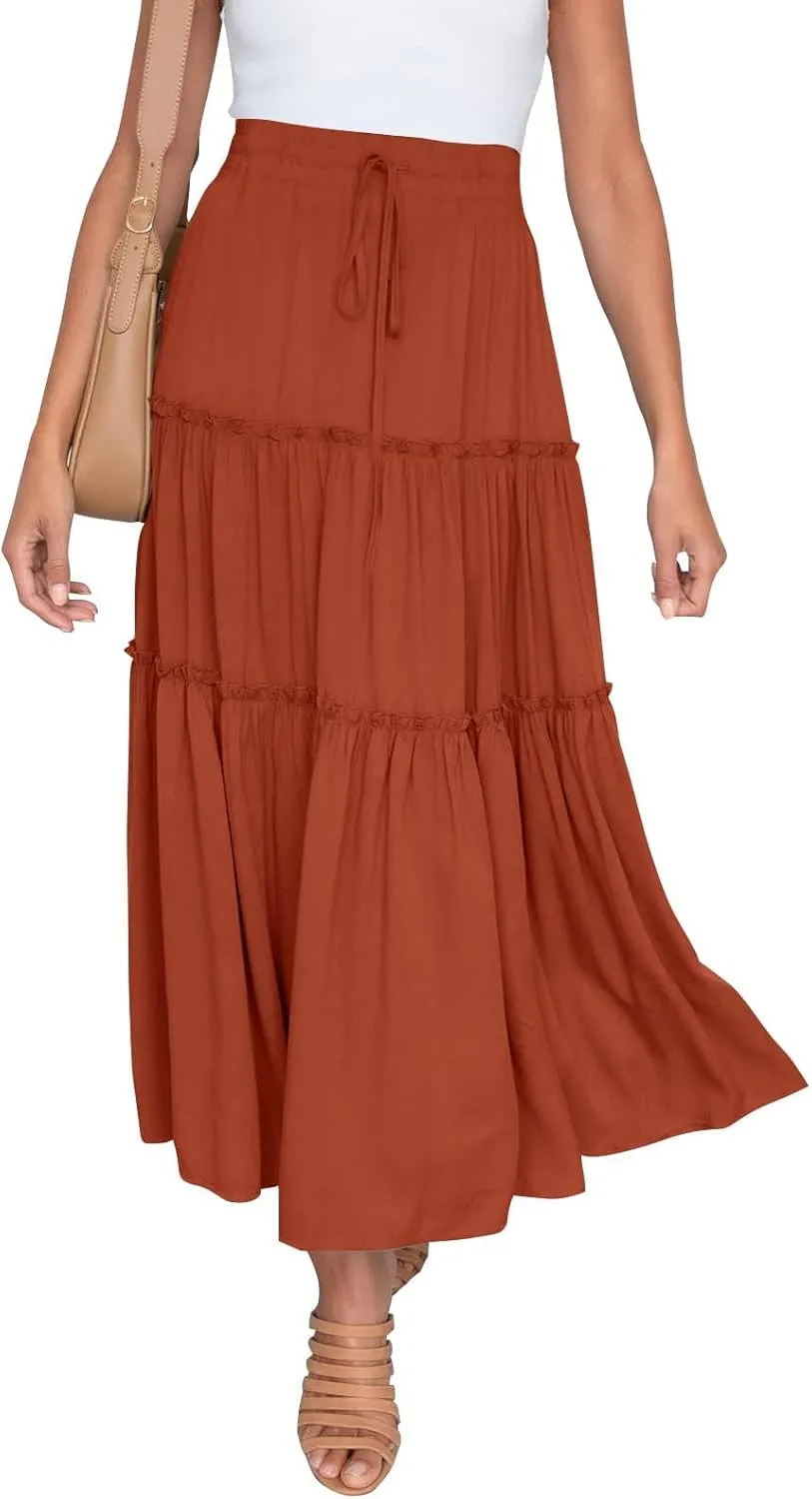 Womens Maxi Skirt Trendy Casual Flowy A Line Drawstring Elastic Waist Tiered Ruffle Pleated Swing Boho Long Skirt