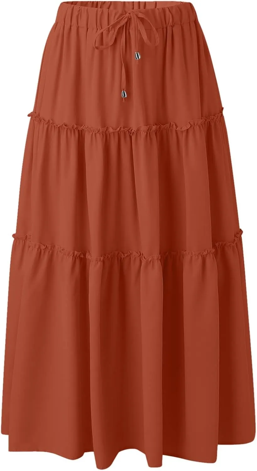 Womens Maxi Skirt Trendy Casual Flowy A Line Drawstring Elastic Waist Tiered Ruffle Pleated Swing Boho Long Skirt