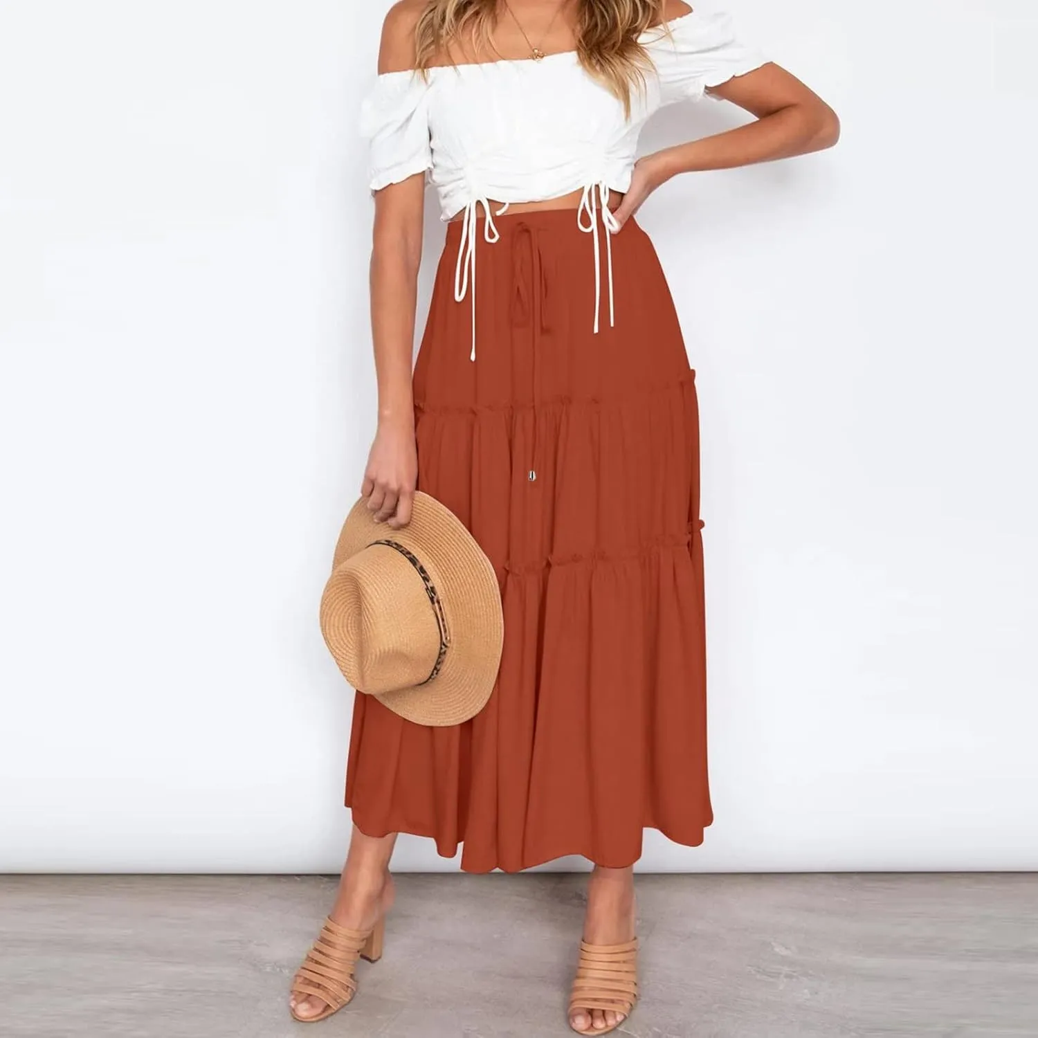 Womens Maxi Skirt Trendy Casual Flowy A Line Drawstring Elastic Waist Tiered Ruffle Pleated Swing Boho Long Skirt