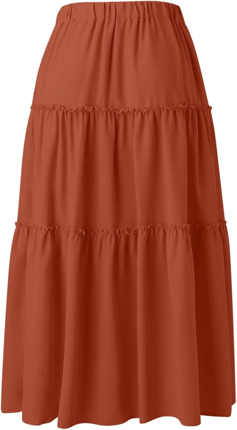 Womens Maxi Skirt Trendy Casual Flowy A Line Drawstring Elastic Waist Tiered Ruffle Pleated Swing Boho Long Skirt