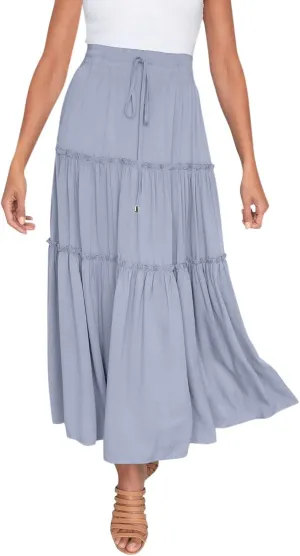 Womens Maxi Skirt Trendy Casual Flowy A Line Drawstring Elastic Waist Tiered Ruffle Pleated Swing Boho Long Skirt