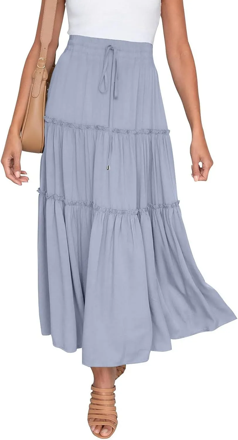 Womens Maxi Skirt Trendy Casual Flowy A Line Drawstring Elastic Waist Tiered Ruffle Pleated Swing Boho Long Skirt