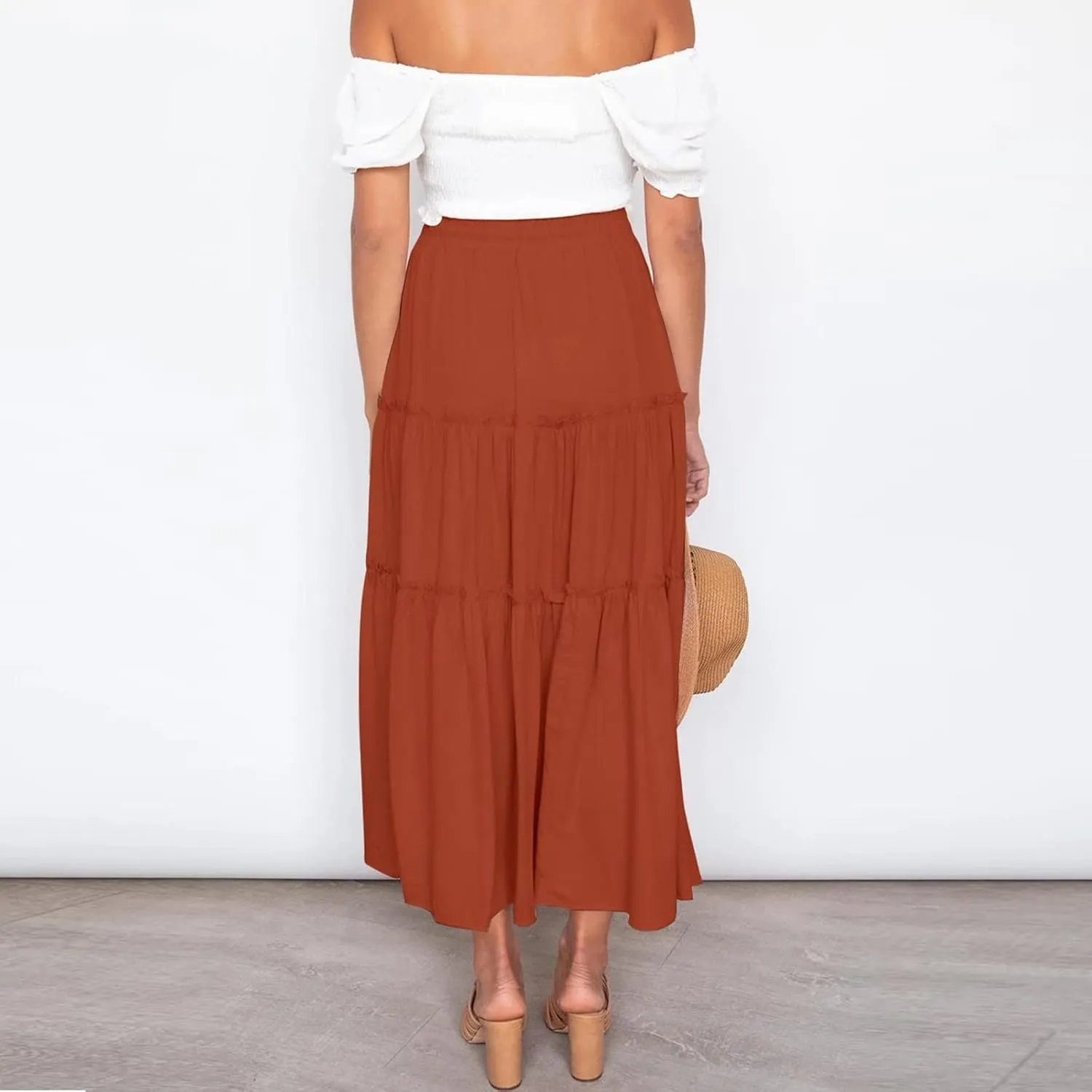 Womens Maxi Skirt Trendy Casual Flowy A Line Drawstring Elastic Waist Tiered Ruffle Pleated Swing Boho Long Skirt