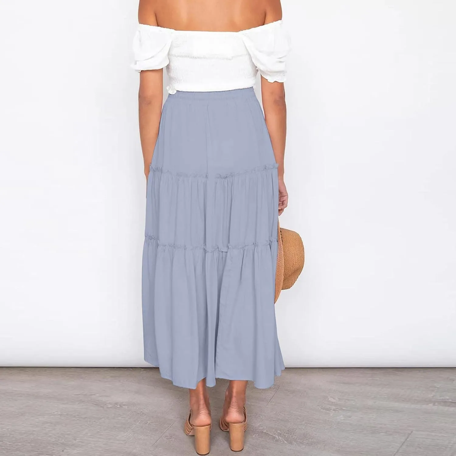 Womens Maxi Skirt Trendy Casual Flowy A Line Drawstring Elastic Waist Tiered Ruffle Pleated Swing Boho Long Skirt