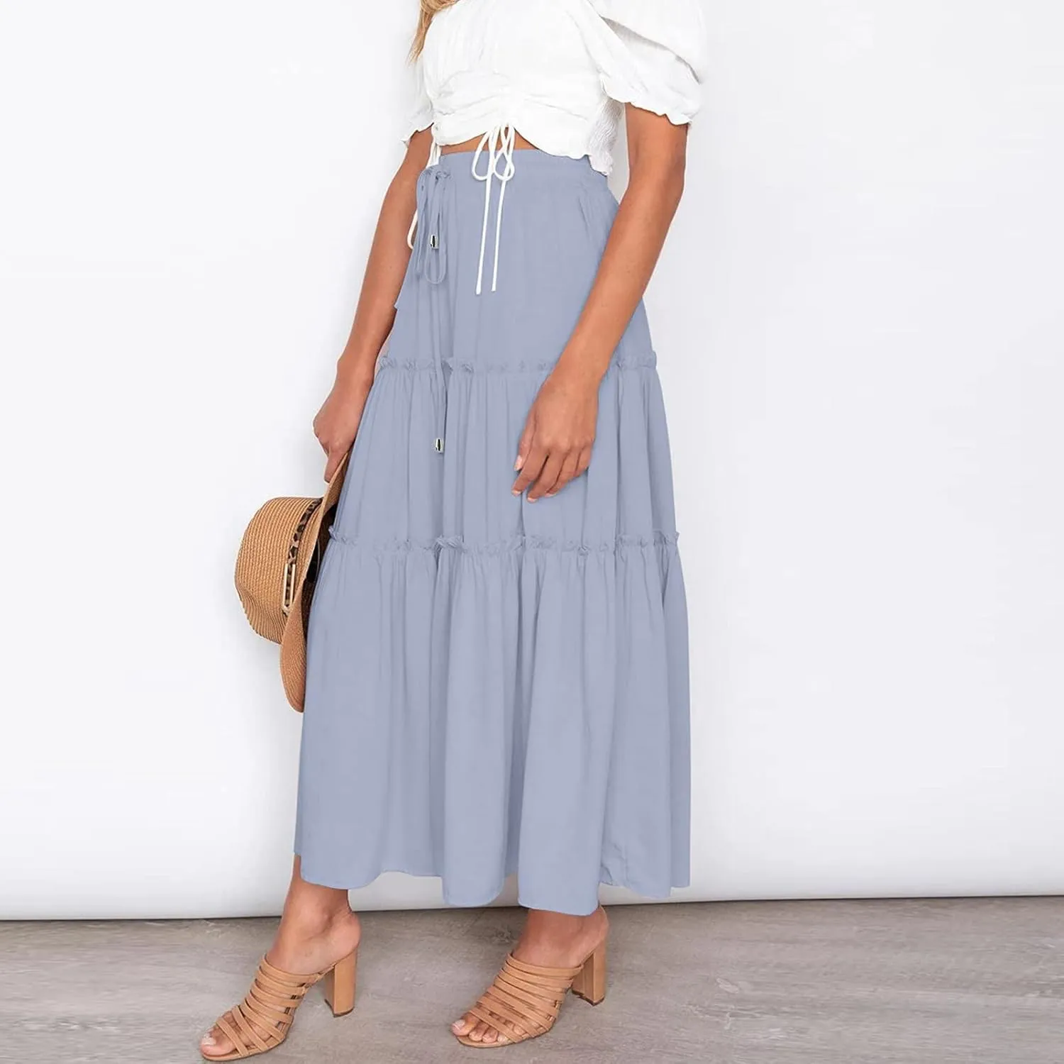 Womens Maxi Skirt Trendy Casual Flowy A Line Drawstring Elastic Waist Tiered Ruffle Pleated Swing Boho Long Skirt
