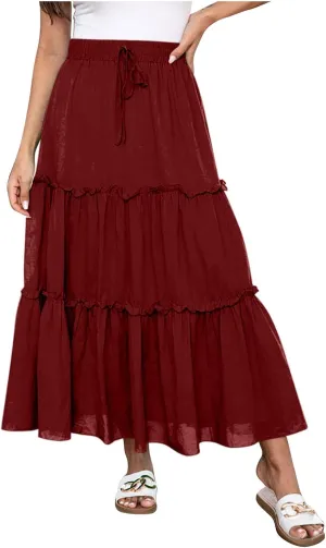 Women's Maxi Skirts Tiered A-Line Pleated Long Skirt Summer Drawstring High Waist Boho Beach Vacation Travel Outfits