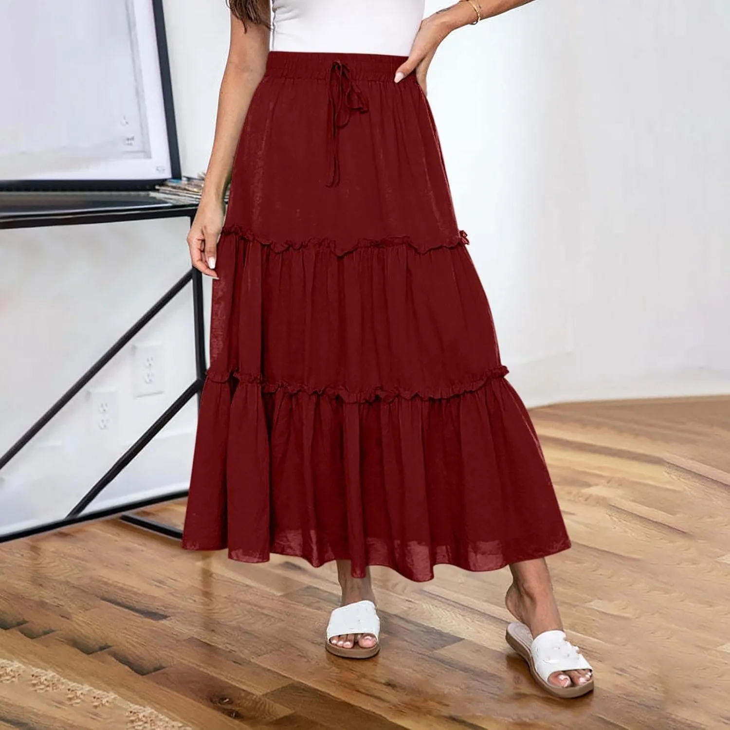 Women's Maxi Skirts Tiered A-Line Pleated Long Skirt Summer Drawstring High Waist Boho Beach Vacation Travel Outfits